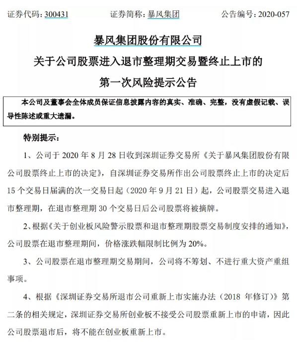 暴风退成首只跌幅20%退市股 早盘低开20%封死跌停