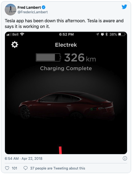 2018年4月21日，特斯拉APP出现宕机 图片来源：推特