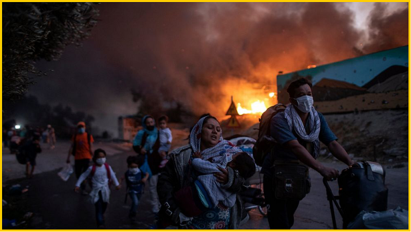 △2020年9月8日，位于希腊莱斯沃斯岛的莫里亚难民营发生火灾