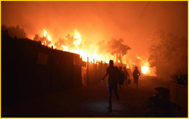 △2020年9月8日，位于希腊莱斯沃斯岛的莫里亚难民营发生火灾