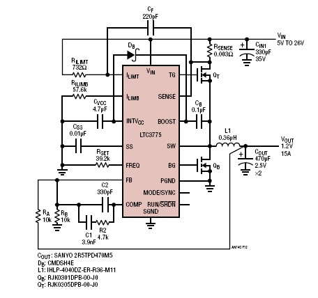 图12 LTC3775电压模式同步降压电源提供高降压比