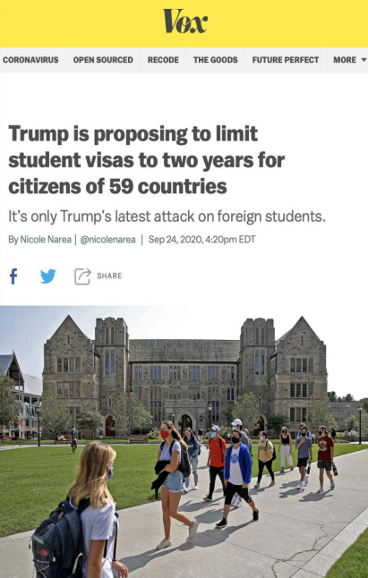 △VOX网站报道：特朗普提议将59个国家/地区的公民的学生签证期限限制为两年