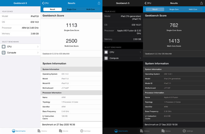 ▲Geekbench 5 的测试结果（左为 iPad 8，右为 iPad 7）