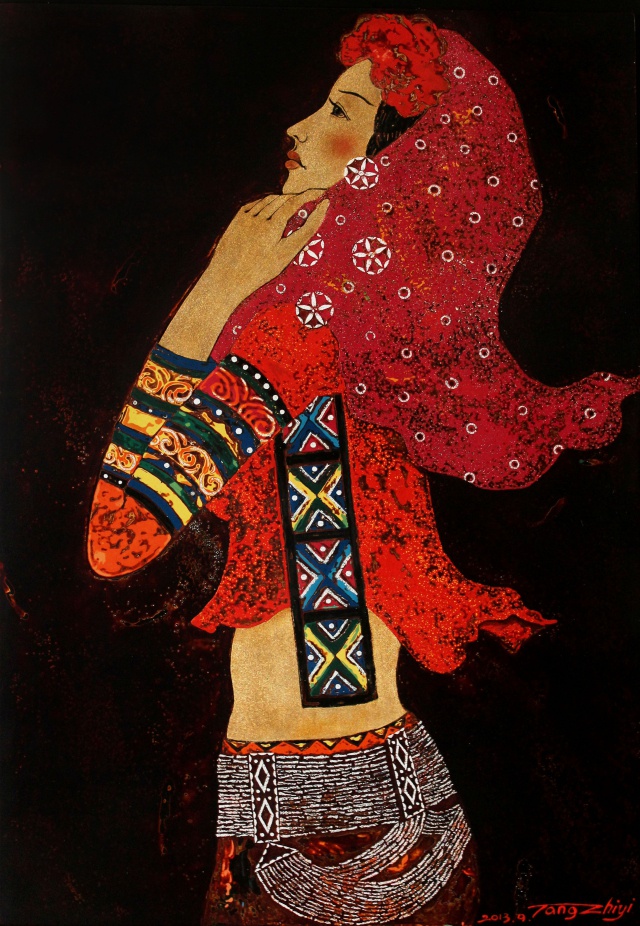 汤志义作漆画"惠安新娘"2013年