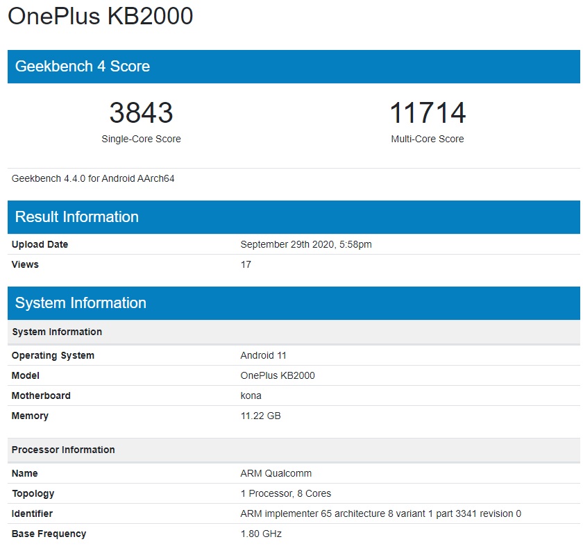 一加8T高配版现身Geekbench 12GB +骁龙 865 