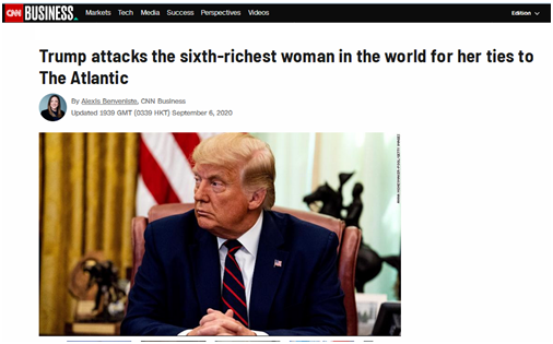  CNN：因为与《大西洋》月刊的联系，特朗普攻击了世界第六大女富豪