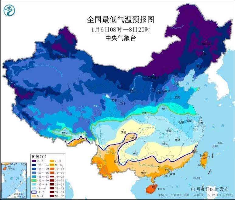 △2021年1月6日8时至8日20时过程最低气温预报图