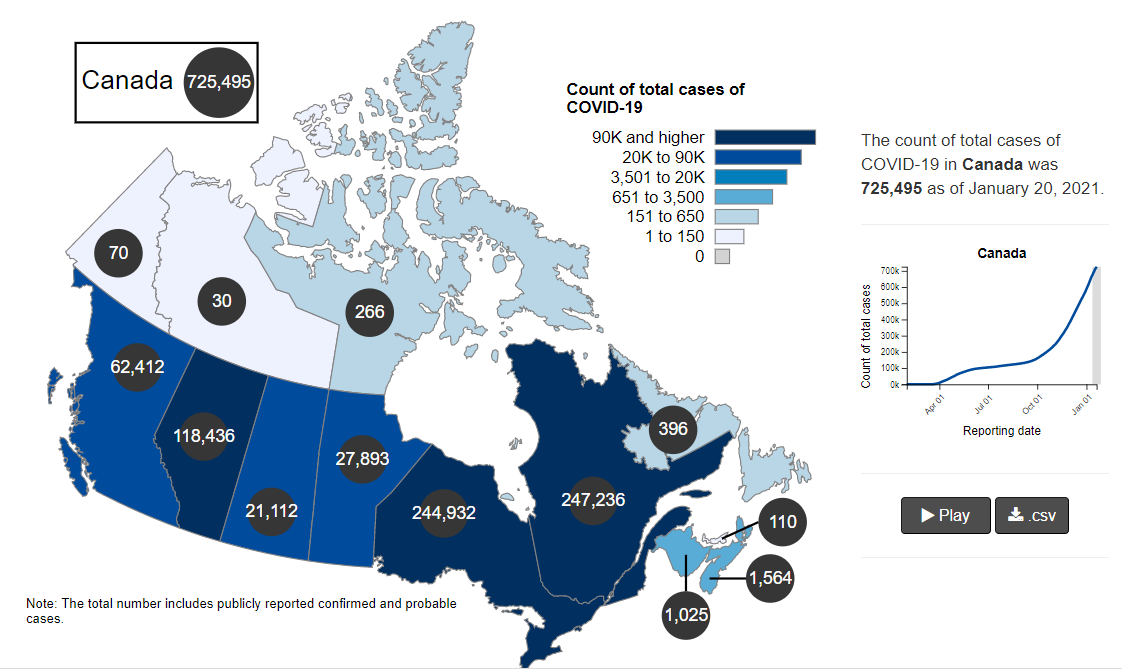 △截至2021年1月20日，加拿大各地新冠肺炎确诊病例分布地图（图片来源：加拿大政府官网）