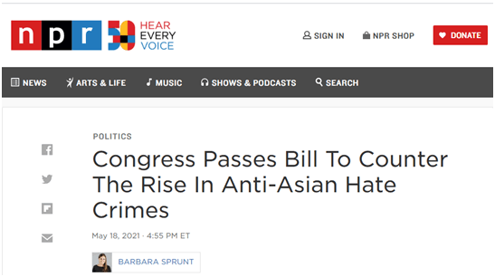 美众议院通过反亚裔仇恨犯罪法案，拜登有望本周签署