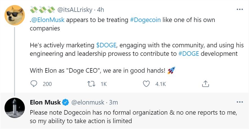 马斯克回应被称为狗狗币CEO：狗狗币没有正式的组织 自己能力有限