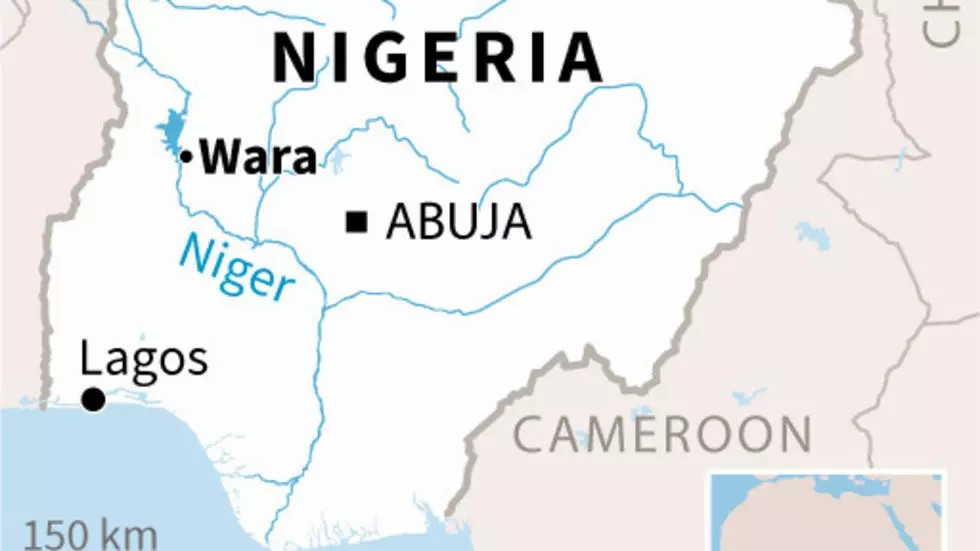 △沉船事故发生地凯比州瓦拉（Wara）及尼日尔河（中左侧蓝线）在尼日利亚位置图。