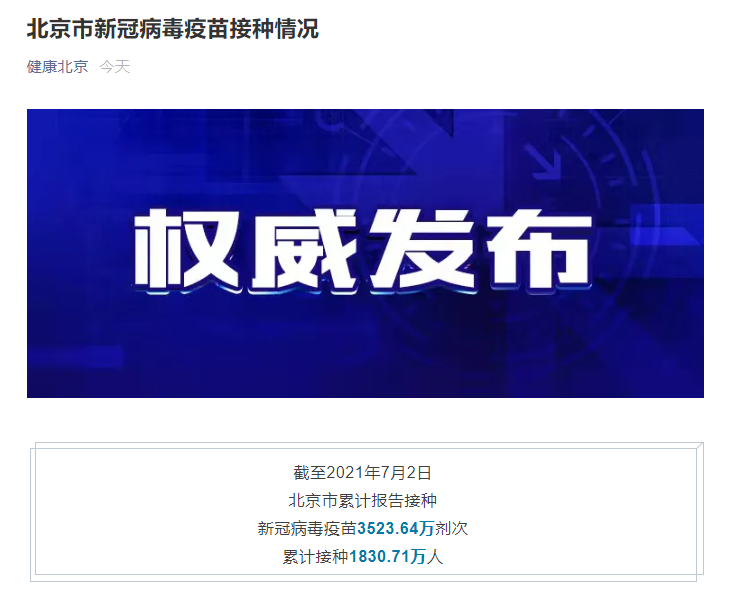 北京市累计报告接种新冠病毒疫苗3523.64万剂次