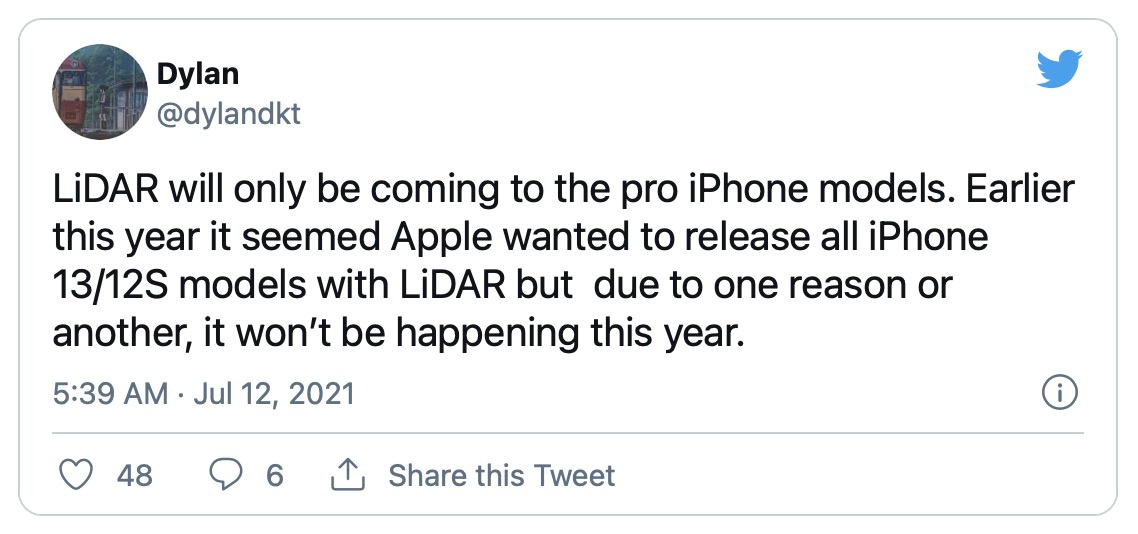 消息称 LiDAR 将继续作为 iPhone 13 Pro 系列独占部件