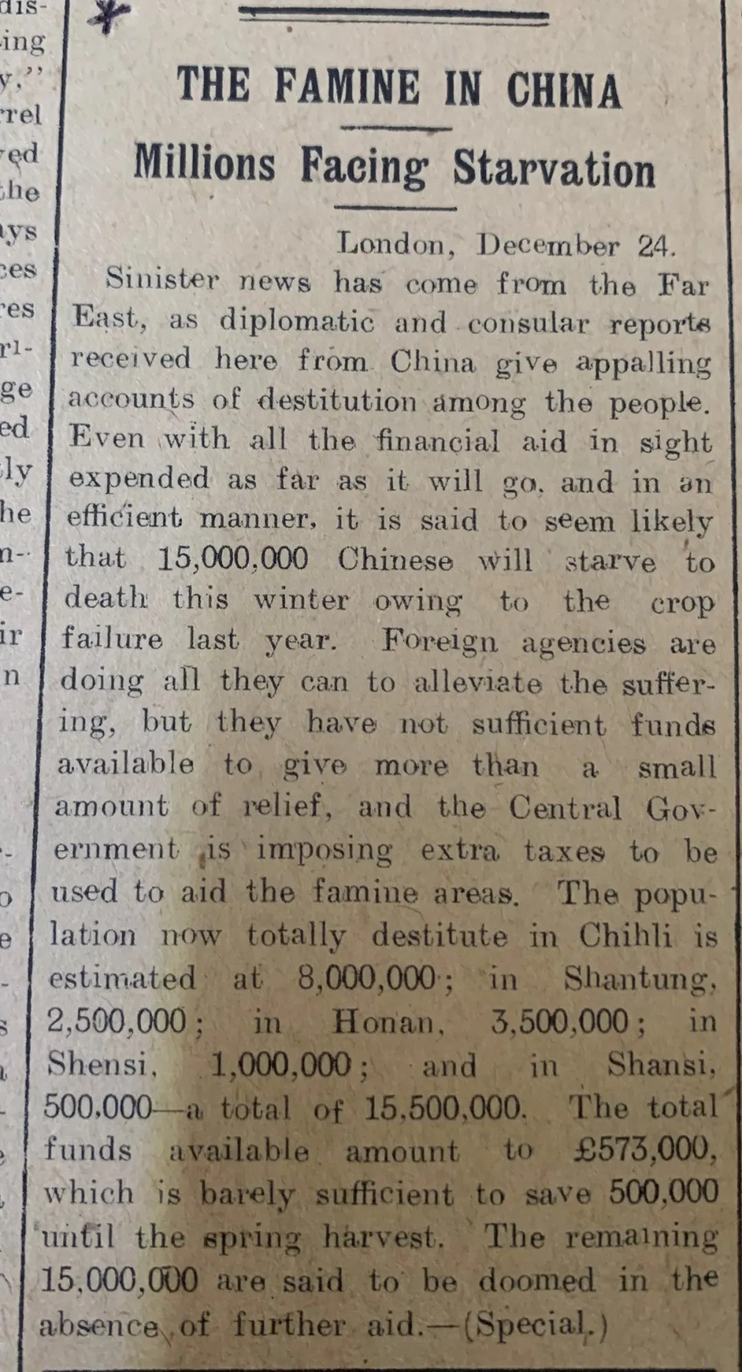△1921年1月20日，《先驱报》关于旧中国发生饥荒的一则报道