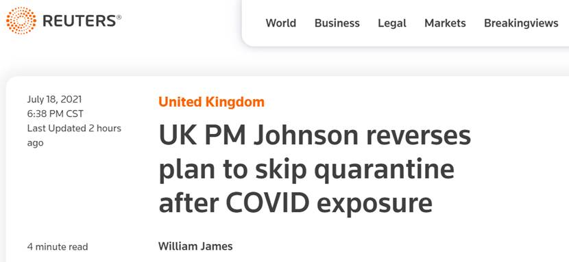 路透社报道截图：英国首相约翰逊推翻了接触新冠（确诊病例）后跳过隔离的计划