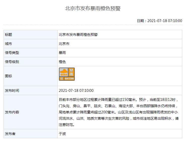 北京市发布暴雨橙色预警