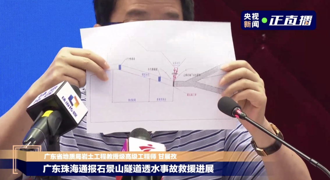 专家展示珠海石景山隧道示意图 被困人员位于下坡段 将重点加快抽排水进度