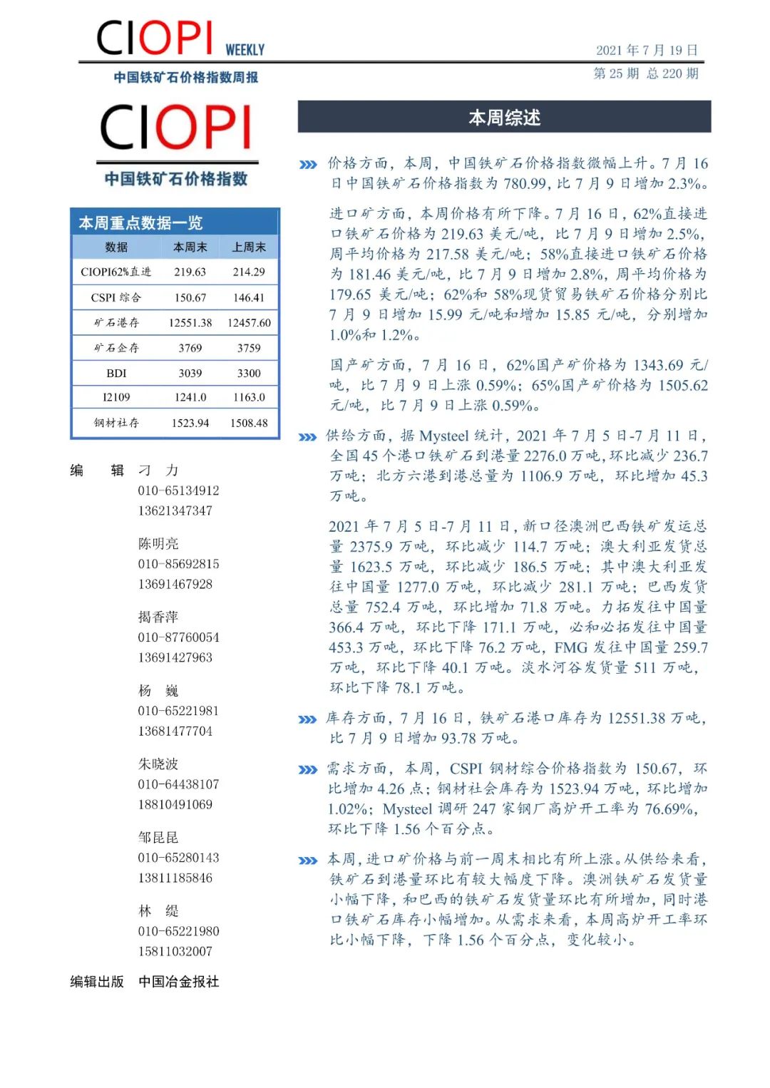 中国铁矿石价格指数周报（7月12日-7月16日）