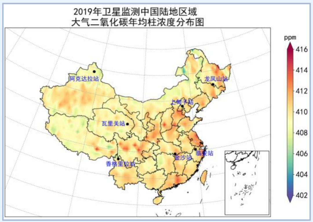 △图：2019年卫星监测中国陆地区域大气二氧化碳年均柱浓度分布图