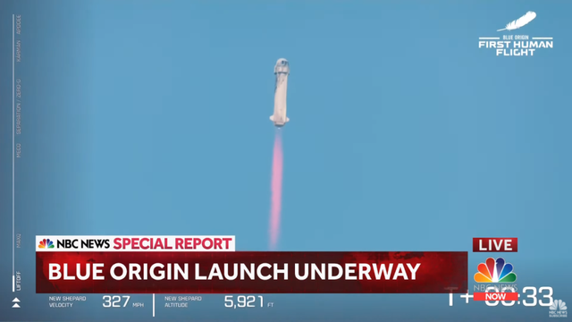 “蓝色起源”公司“新牧羊人”火箭升空瞬间 NBC视频截图