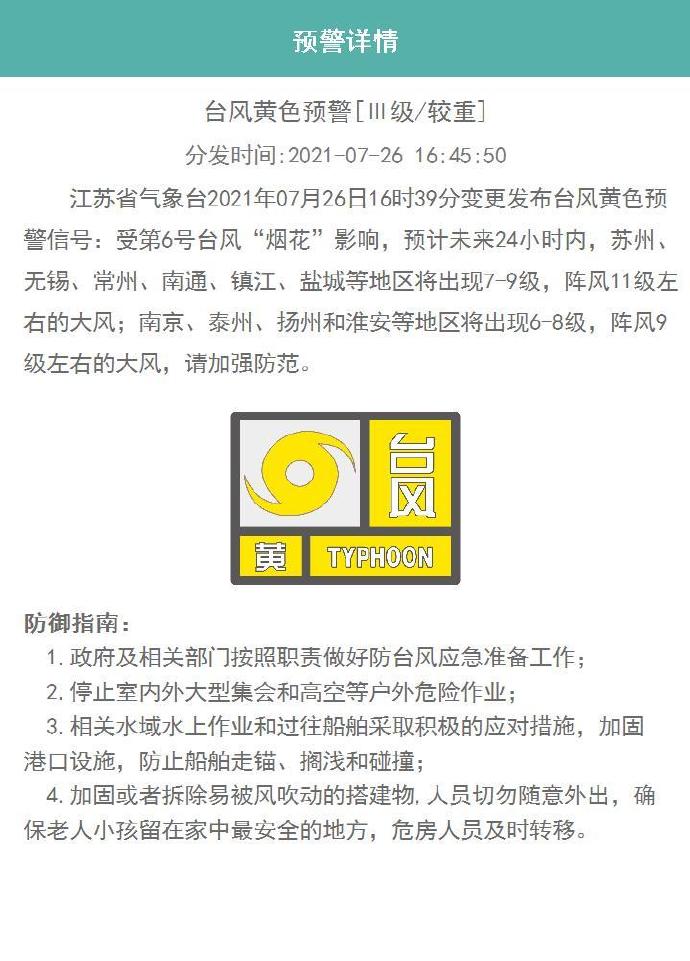 江苏省变更发布台风黄色预警信号
