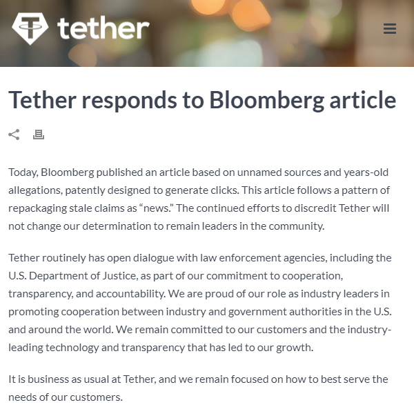 针对彭博社的相关报道，Tether 官网也给予了回应。