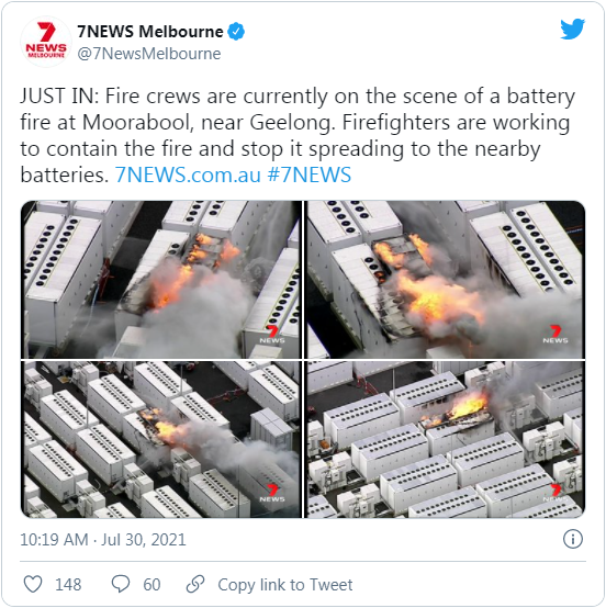 由特斯拉承建的澳大利亚Megapack锂电储能设施发生爆燃