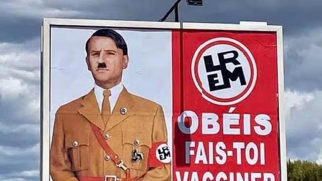 抗议防疫限制，富翁挂海报将法国总统比作希特勒，马克龙：已起诉