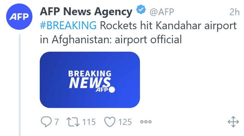 外媒：阿富汗坎大哈机场遭塔利班火箭弹袭击 阿当局暂停所有航班