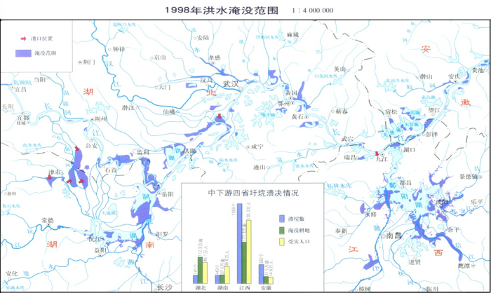 1998年洪水淹没范围&nbsp; 图片来源:长江水利委员会