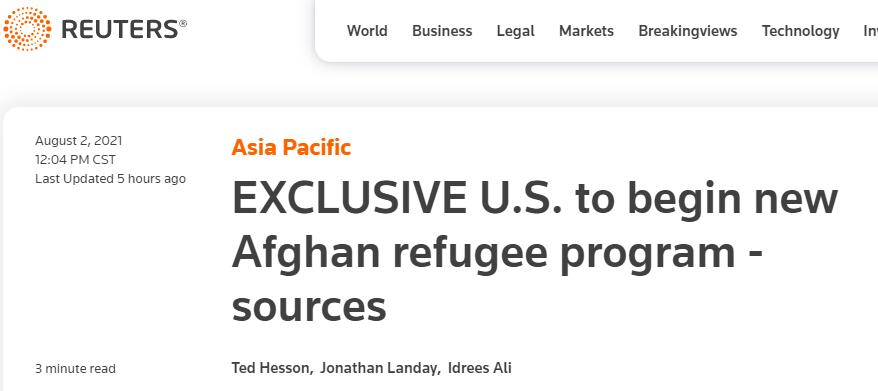 路透社独家：美国将启动“新阿富汗难民计划”