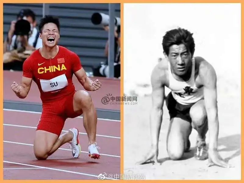 左图：苏炳添在东京奥运会（中新社记者、北体校友富田 摄）