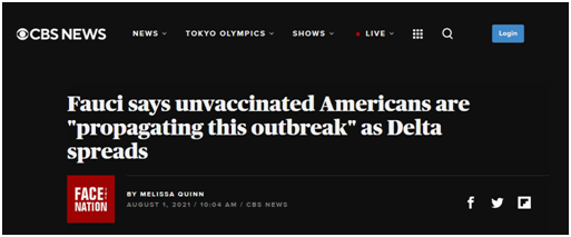 CBS：福奇说，随着德尔塔毒株传播，未接种疫苗的美国人正在“传播这场疫情”