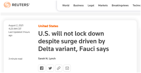 路透社:福奇说,尽管德尔塔毒株(传播)导致(确诊)病例激增,但美国不会实施封锁