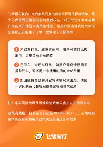 飞猪联合租车商家推出疫情保障政策 涉中高风险地区消费者可无损退改