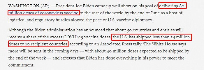 △美联社：美国原定6月底对外提供8000万剂疫苗，而实际只向国外运送了不足2400万剂。