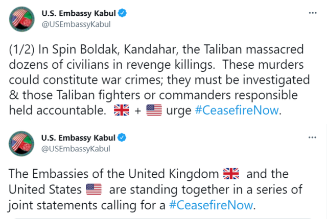 美国驻阿富汗大使馆推特截图