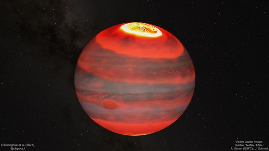 这张照片显示了热量是如何被风从极光带离并加热整个木星的。图片来源：J. ODonoghue课题组（JAXA）/NASA