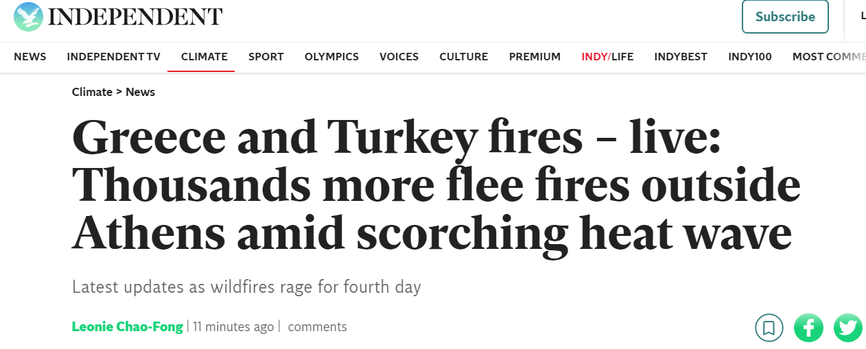 《独立报》：希腊和土耳其大火直播，数千人在灼烧的热浪中逃离雅典城外大火