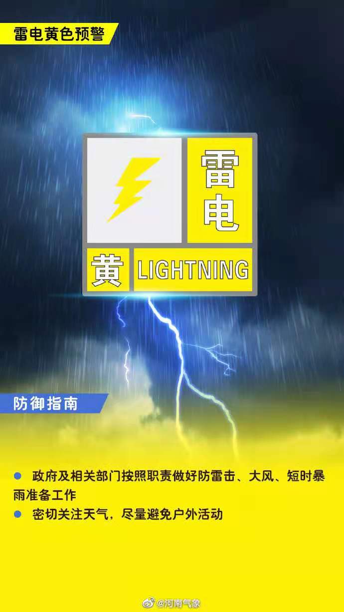 强降雨来袭！河南省气象台发布雷电黄色预警