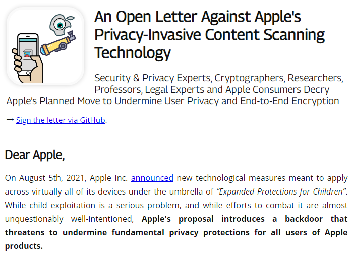 拒绝后门：公开信呼吁苹果停止实施CSAM虐童图像检测系统