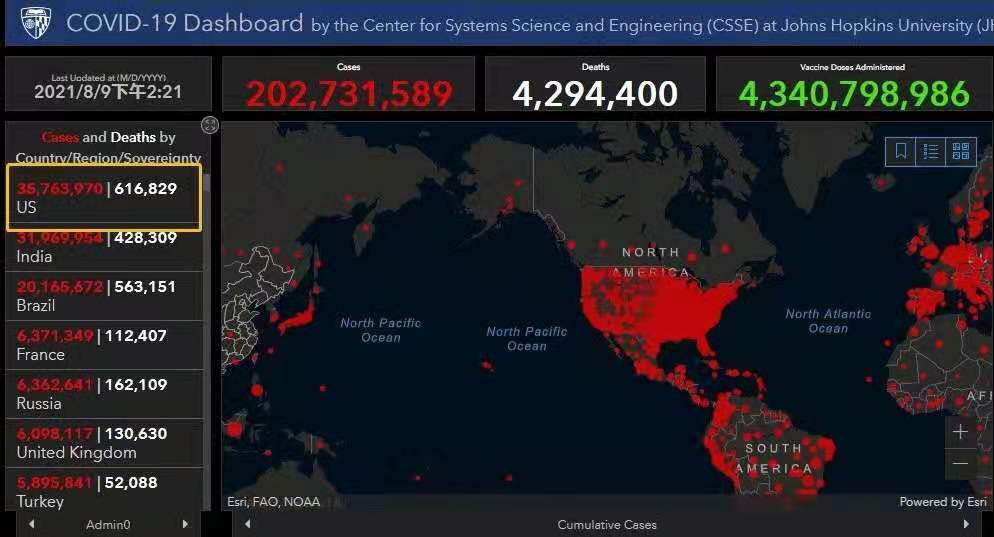 △美国约翰斯·霍普金斯大学疫情实时数据截图