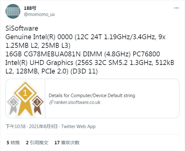 SiSoftware曝光ES版i7-12700K Alder Lake-S处理器规格