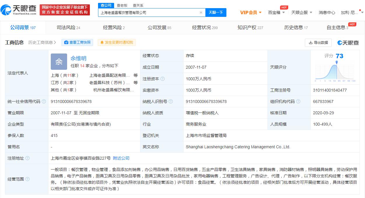 上海老盛昌餐饮管理有限公司成立于2007年11月,法定代表人为余维明