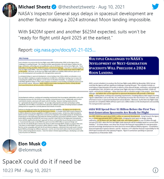 马斯克：如有需要SpaceX可以为NASA生产宇航服