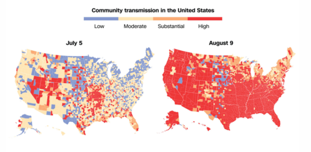 （全美7月与8月新冠病毒传播率水平对比示意图。）
