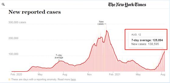 《纽约时报》美国新增确诊病例统计截图
