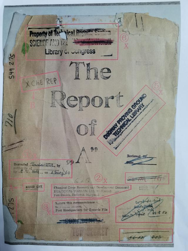 731部队进行人体实验的炭疽菌实验报告封面图，上面有德特里克堡基地的字样。来源：新华社
