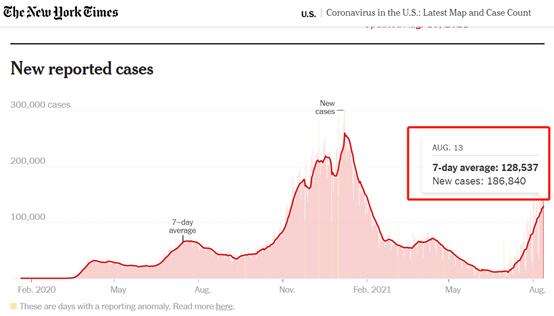 《纽约时报》美国新增确诊病例统计图表截图
