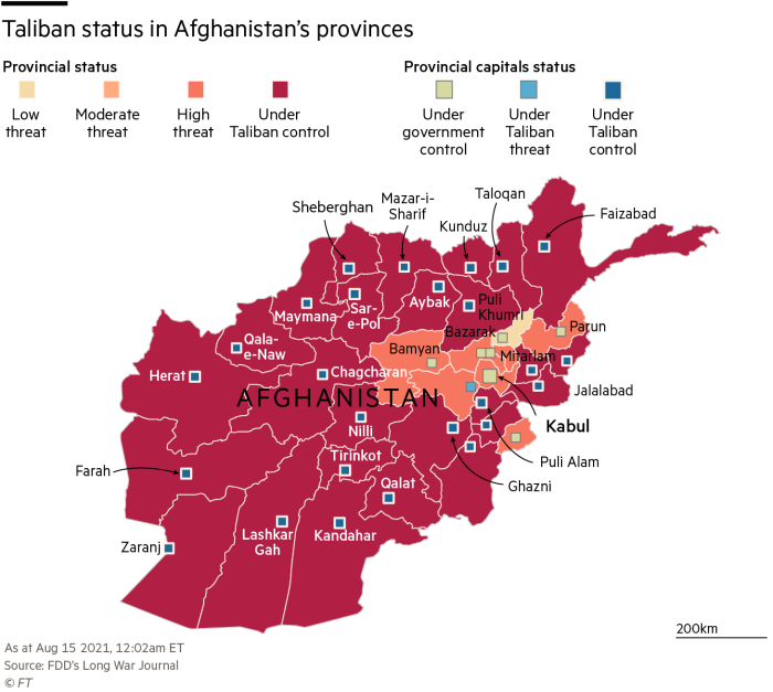 塔利班（红色）与阿富汗政府军（黄色）的控制区域图。（图源：金融时报）